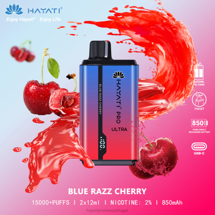 Hayati Pro Ultra 15.000 baforadas descartáveis J4PV193 cereja razz azul - Hayati Disposable Vape