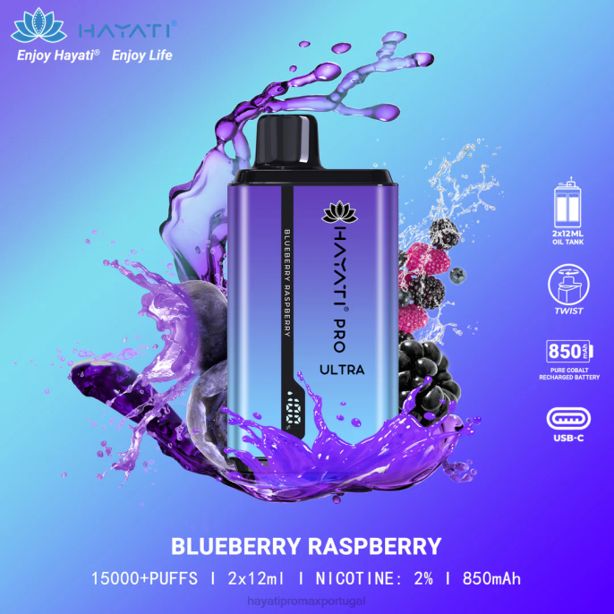 Hayati Pro Ultra 15.000 baforadas descartáveis J4PV196 framboesa mirtilo - Hayati Flavour List