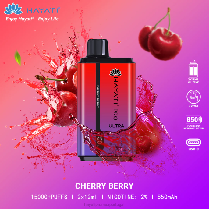 Hayati Pro Ultra 15.000 baforadas descartáveis J4PV199 baga de cereja - Hayati Flavour Vapes