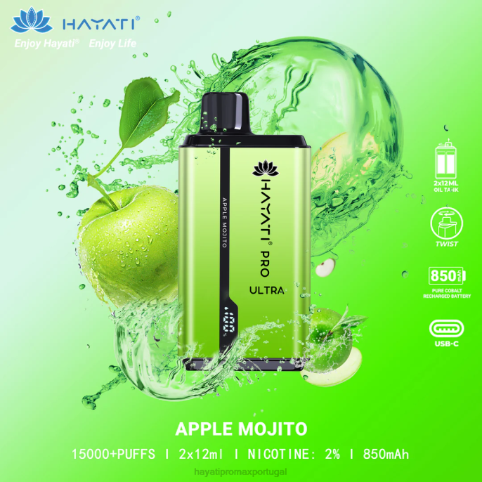 Hayati Pro Ultra 15.000 baforadas descartáveis J4PV200 mojito de maçã - Hayati Vape Near Me