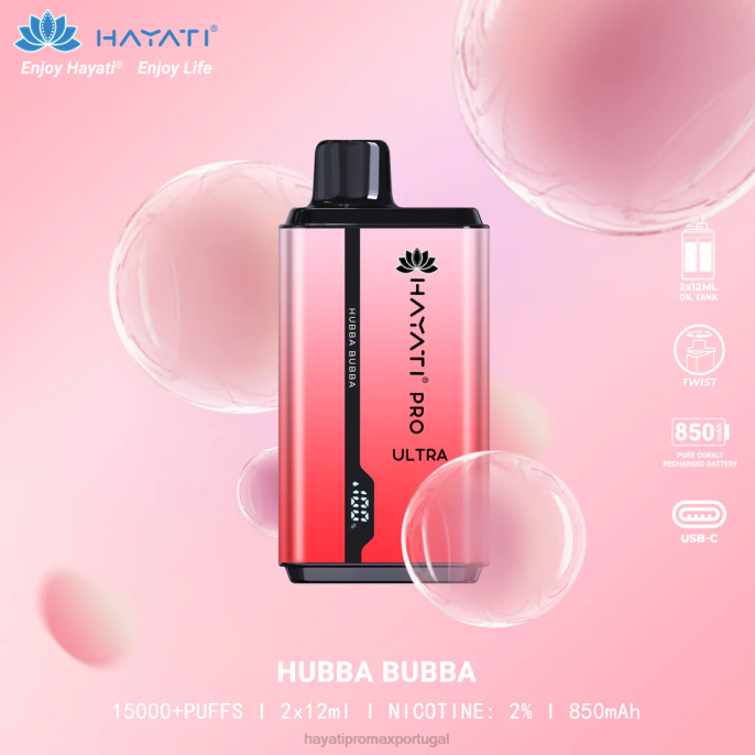 Hayati Pro Ultra 15.000 baforadas descartáveis J4PV201 hubba bubba - Hayati Vape Portugal
