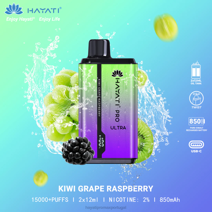 Hayati Pro Ultra 15.000 baforadas descartáveis J4PV202 kiwi uva framboesa - Hayati Lisbon