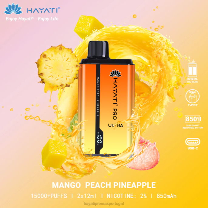 Hayati Pro Ultra 15.000 baforadas descartáveis J4PV204 manga pêssego abacaxi - Hayati Vape Flavours