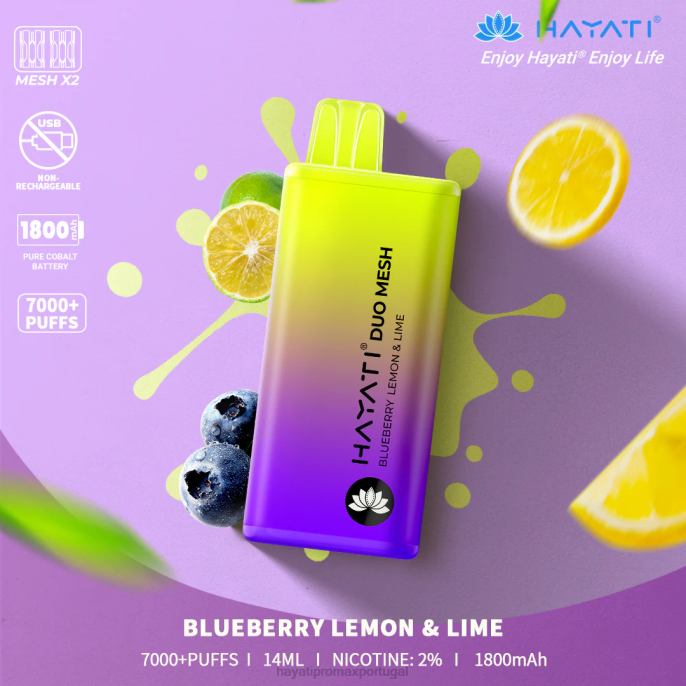 Hayati Duo Mesh descartável J4PV165 mirtilo, limão e lima - Hayati Puffs