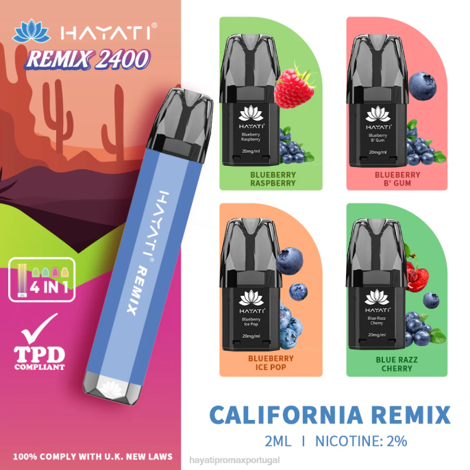 Hayati Remix sistema de cápsulas pré-preenchidas 2.400 baforadas J4PV51 remix da Califórnia - Hayati Vape Portugal