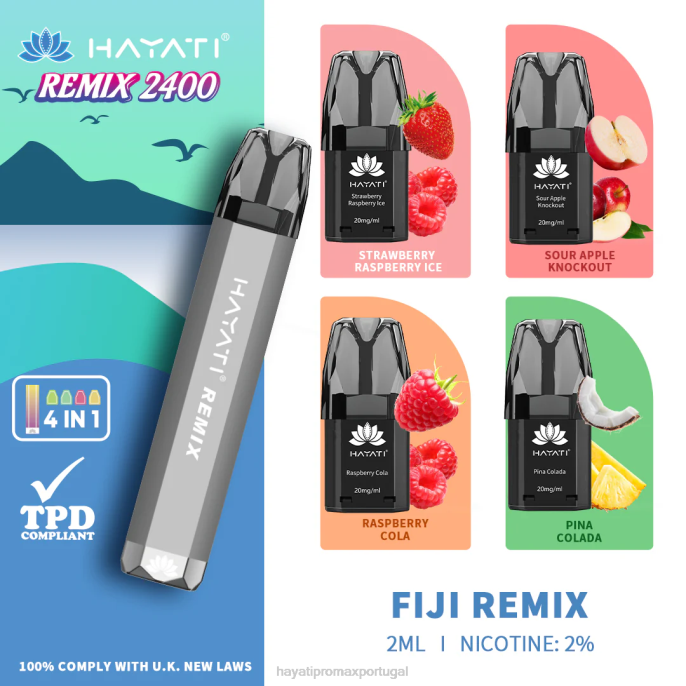 Hayati Remix sistema de cápsulas pré-preenchidas 2.400 baforadas J4PV53 remix de fiji - Hayati Disposable Vape