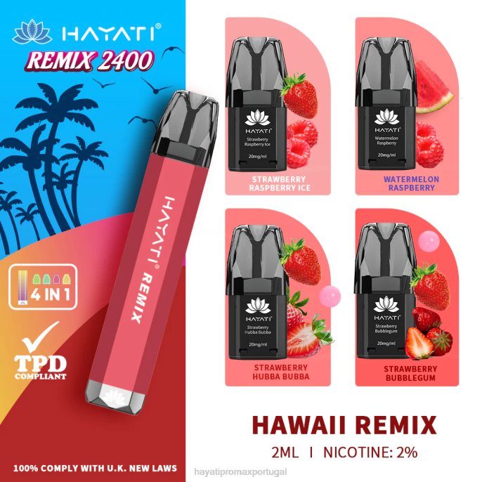 Hayati Remix sistema de cápsulas pré-preenchidas 2.400 baforadas J4PV54 havaí remix - Hayati Vape Flavours