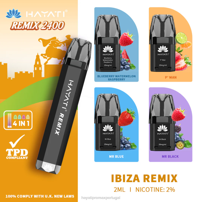 Hayati Remix sistema de cápsulas pré-preenchidas 2.400 baforadas J4PV55 remix de ibiza - Hayati Puffs