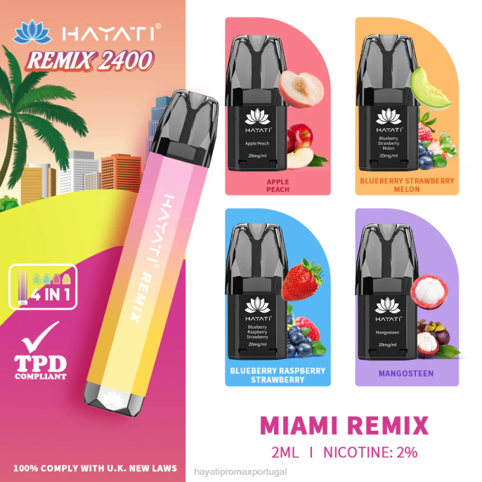 Hayati Remix sistema de cápsulas pré-preenchidas 2.400 baforadas J4PV56 miami remix - Hayati Flavour List