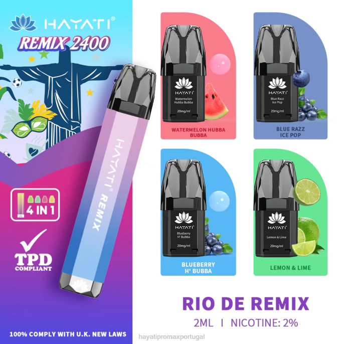 Hayati Remix sistema de cápsulas pré-preenchidas 2.400 baforadas J4PV57 rio de remix - Hayati Vape Review