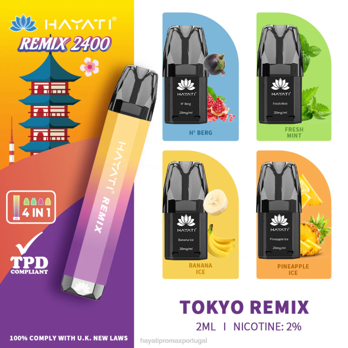 Hayati Remix sistema de cápsulas pré-preenchidas 2.400 baforadas J4PV58 remix de Tóquio - Hayati Vape Shop